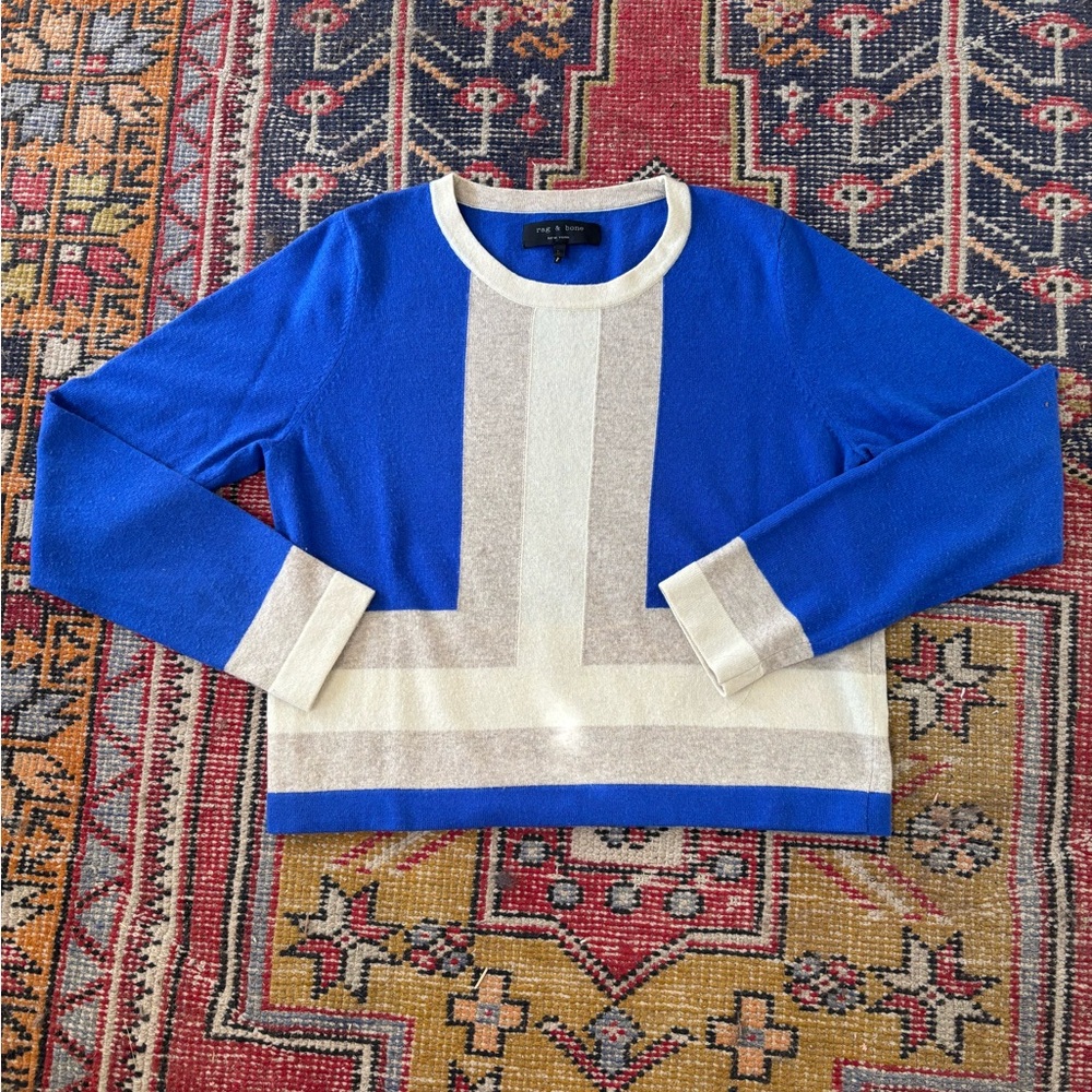 Rag & Bone Blue and Cream Crewneck Sweater with Geometric Design